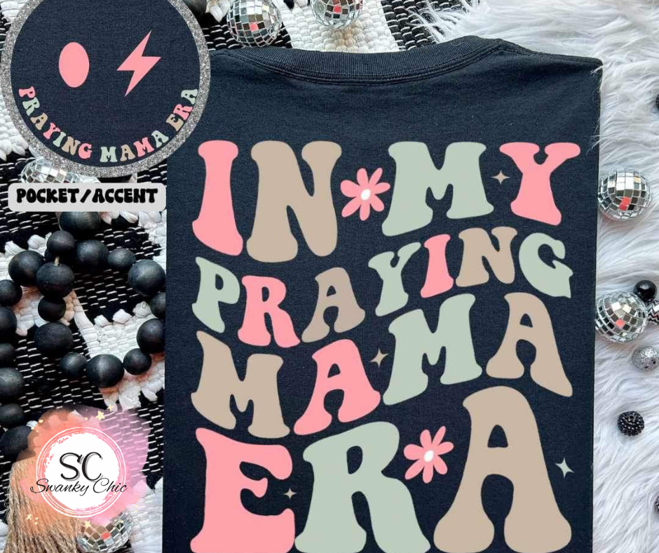 Carey Lachelle — In my praying mama era (f+b): Medium, black heather, crewneck sweatshirt