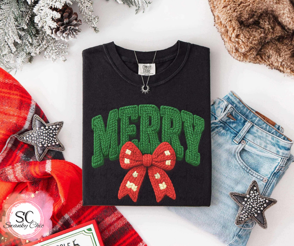 Allyson Michele — MERRY red bow: XL, black, BC 3945 drop shoulder crewneck sweatshirt