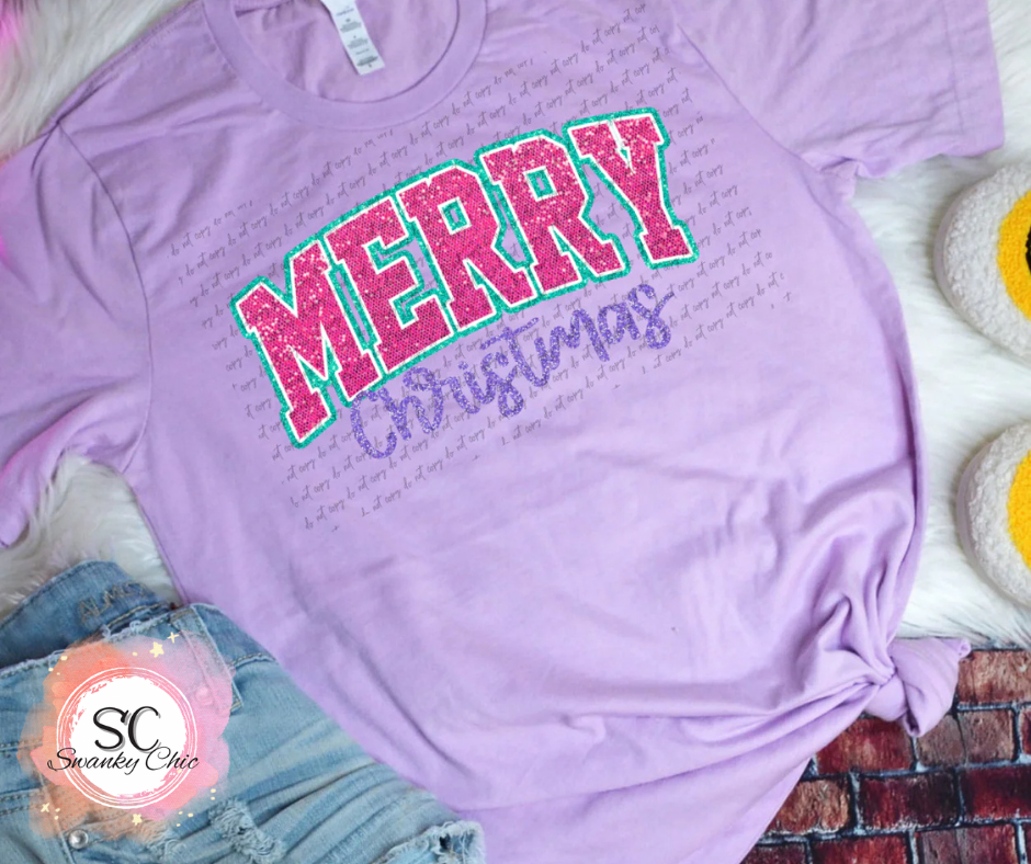 Kim Updegraff — Varsity Pink Merry Christmas: 3X, lavender purple, crewneck tee