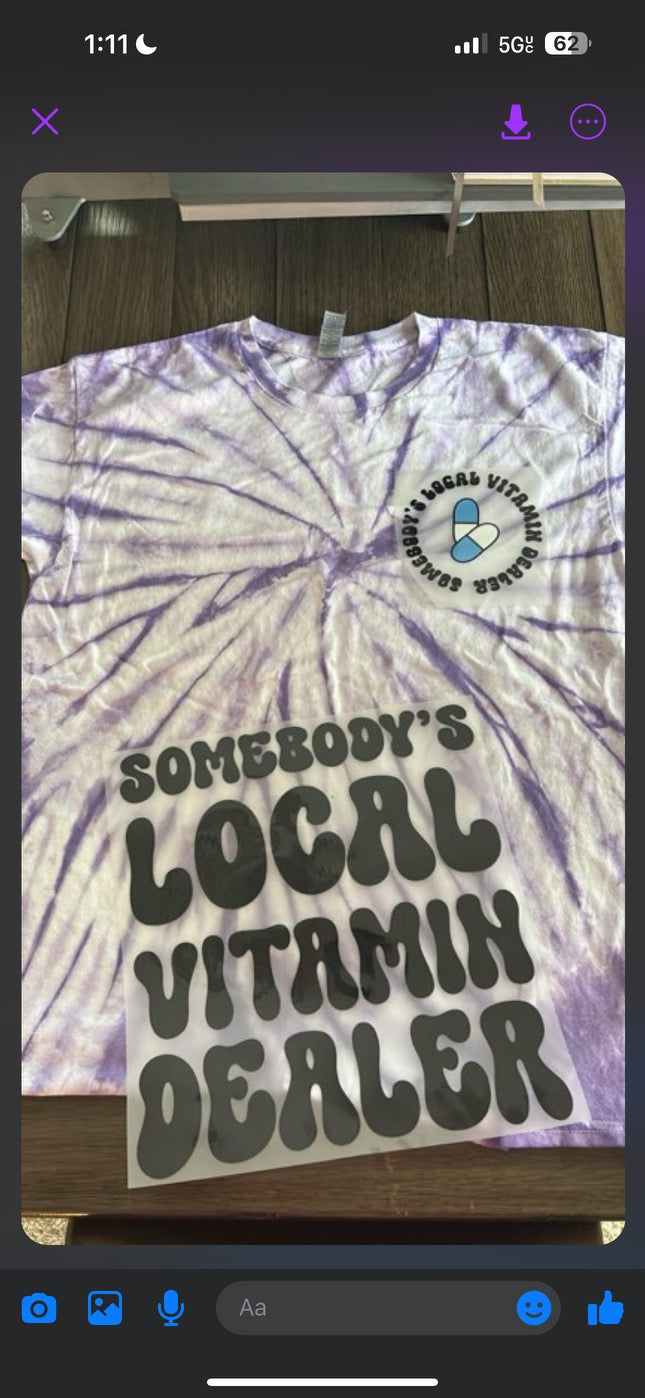 Chelsea Wanzek — Vitamin Dealer purple caps: XL, purple/white tie dye, crewneck tee
