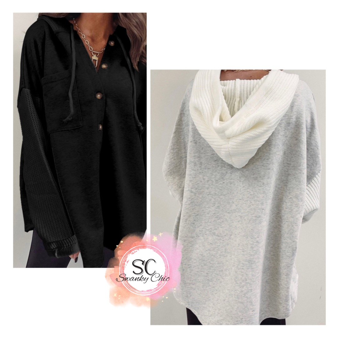 Pam Stokes Hunter — XL, black contrast knitted jacket hoodie
