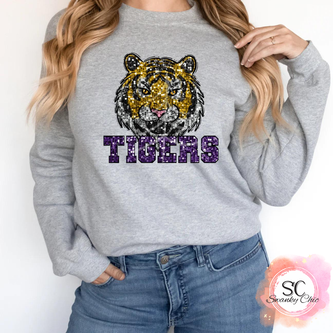 Ashley Ridgeway slaven — Tigers faux sequins: 2X, athletic Heather, crewneck sweatshirt