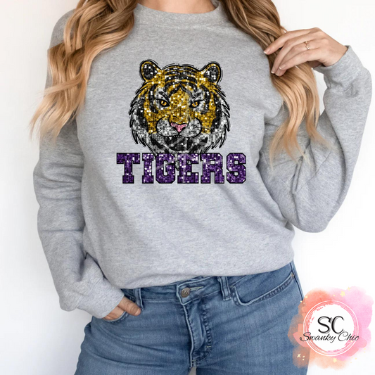 Ashley Ridgeway slaven — Tigers faux sequins: 2X, athletic Heather, crewneck sweatshirt
