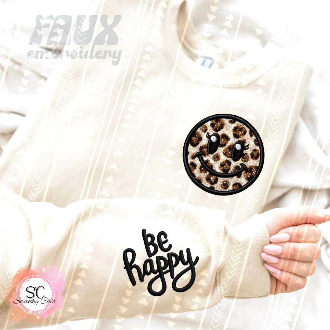 Jessica Estes — Be happy leopard smiley (front + sleeve): 2X, SS1000C sand, lightweight crewneck sweatshirt