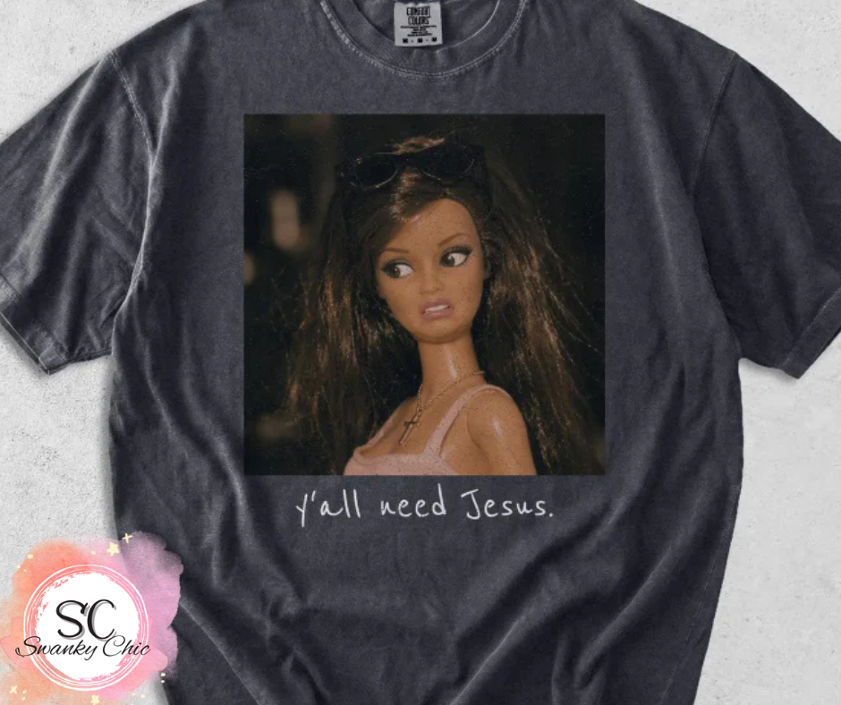 Lora Littrell — Y’all need Jesus Brunette doll: Large, maroon, BC crewneck sweatshirt