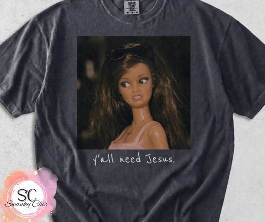 Lora Littrell — Y’all need Jesus Brunette doll: Large, maroon, BC crewneck sweatshirt