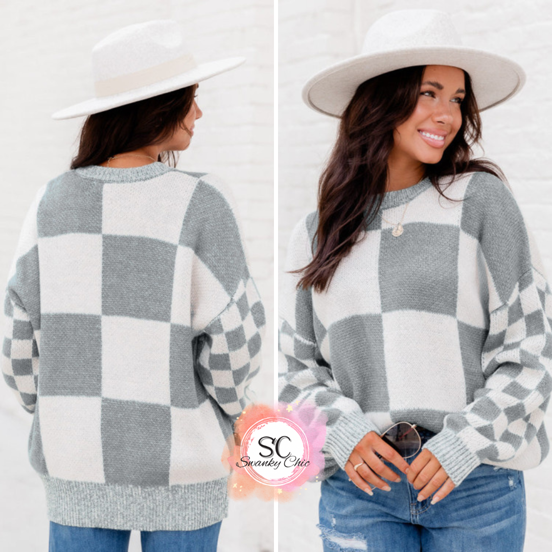 Kaylynn Mitchell — Small, grey/white checkered sweater