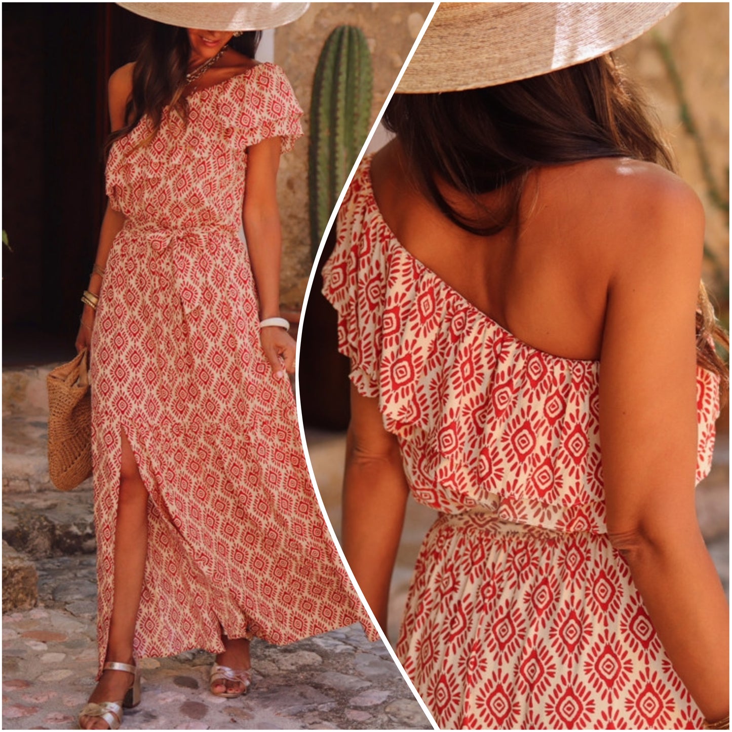 Carey Lachelle — Medium, ivory/red boho side shoulder maxi