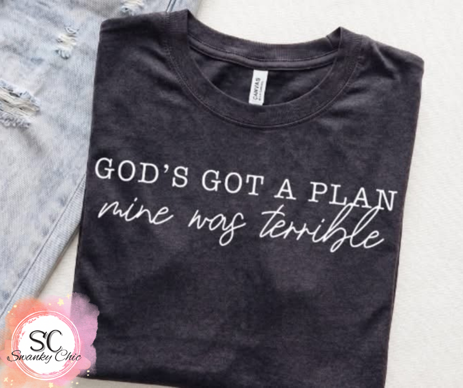 Jill Savage — God’s got a plan (white): Large, Heather dark grey, crewneck tee