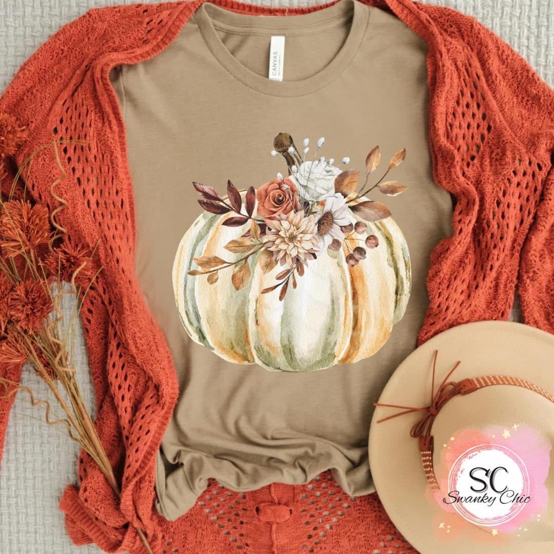 Debbie Warner — White floral pumpkin: XL, Heather tan, crewneck tee