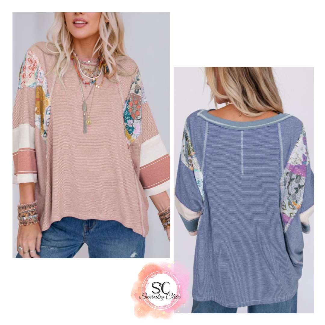 Debbie Warner — Large, blue floral colorblock patchwork top.