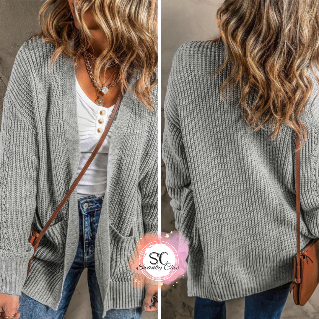 Theresa Cook Lindsey — Medium, Grey cardigan with pockets and side slits