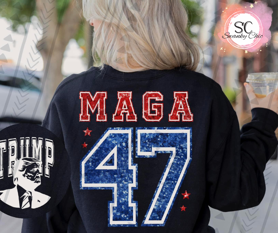 Courtney Haskins — (f+b) MAGA 47: Large, dark blue, crewneck sweatshirt
