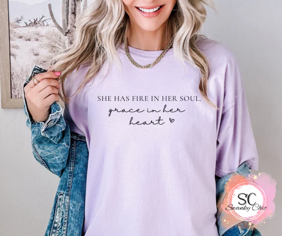 Lori Ann — fire in her soul Grace in her heart: Small, mystery color, v-neck tee