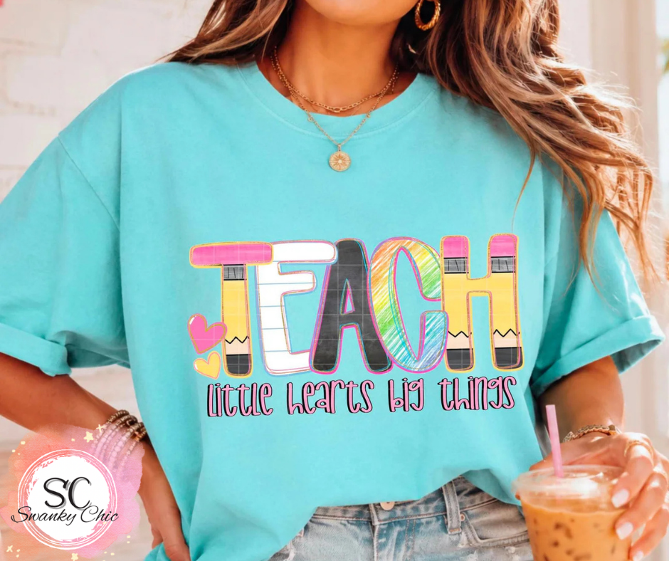 Jen Elliott — TEACH little hearts big things: Large, CC lagoon, crewneck tee