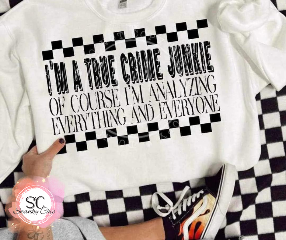 Casey Pitcher — True Crime junkie: Medium, mystery color (no white), Long sleeve hooded t-shirt