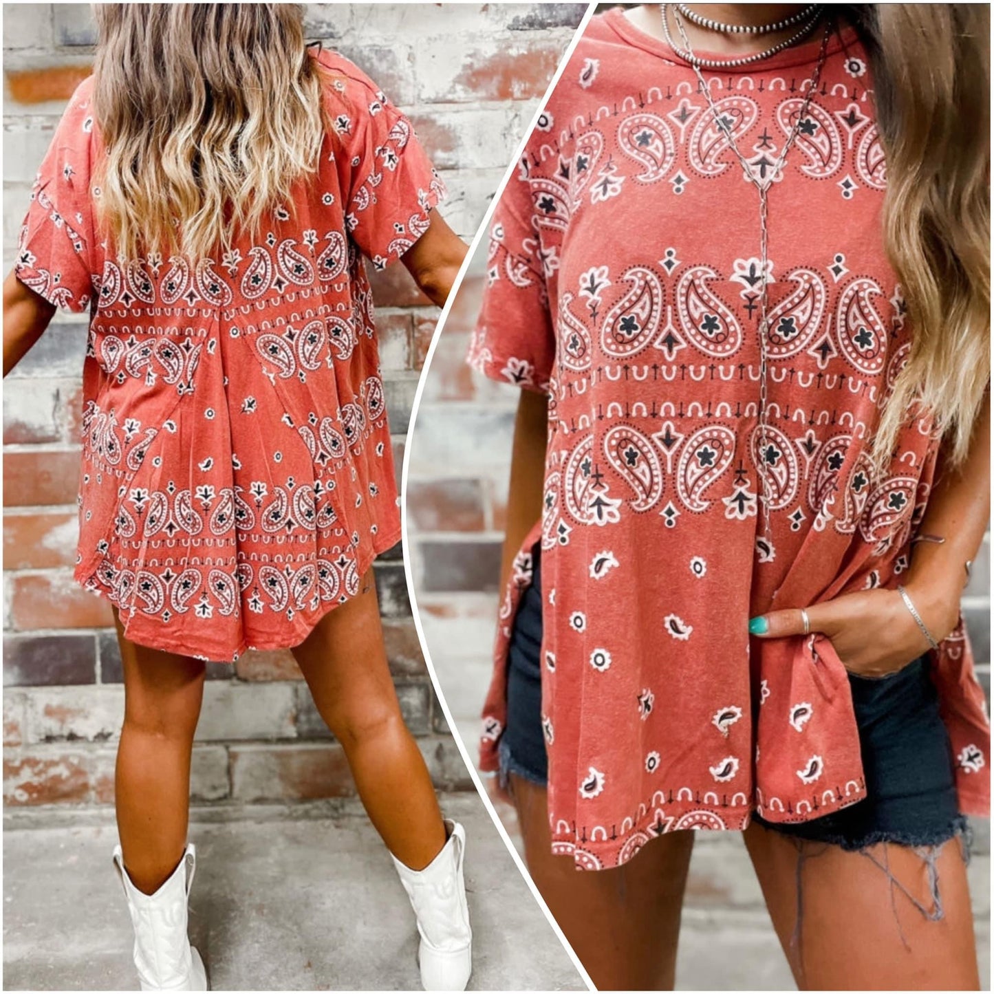 Debbie Warner — XL, red paisley top with round hem and side slits
