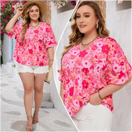 Pam Stokes Hunter — 1X, pink floral v-neck blouse