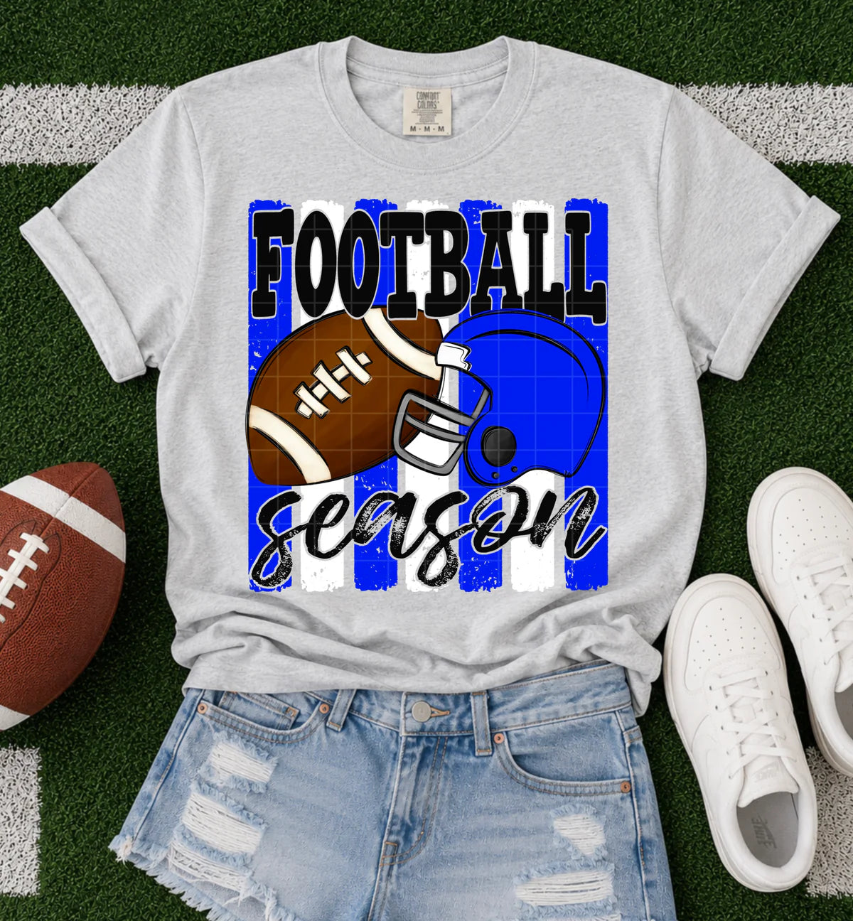Erika VanHorn — Football season Blue/White: 2X, white, v-neck tee