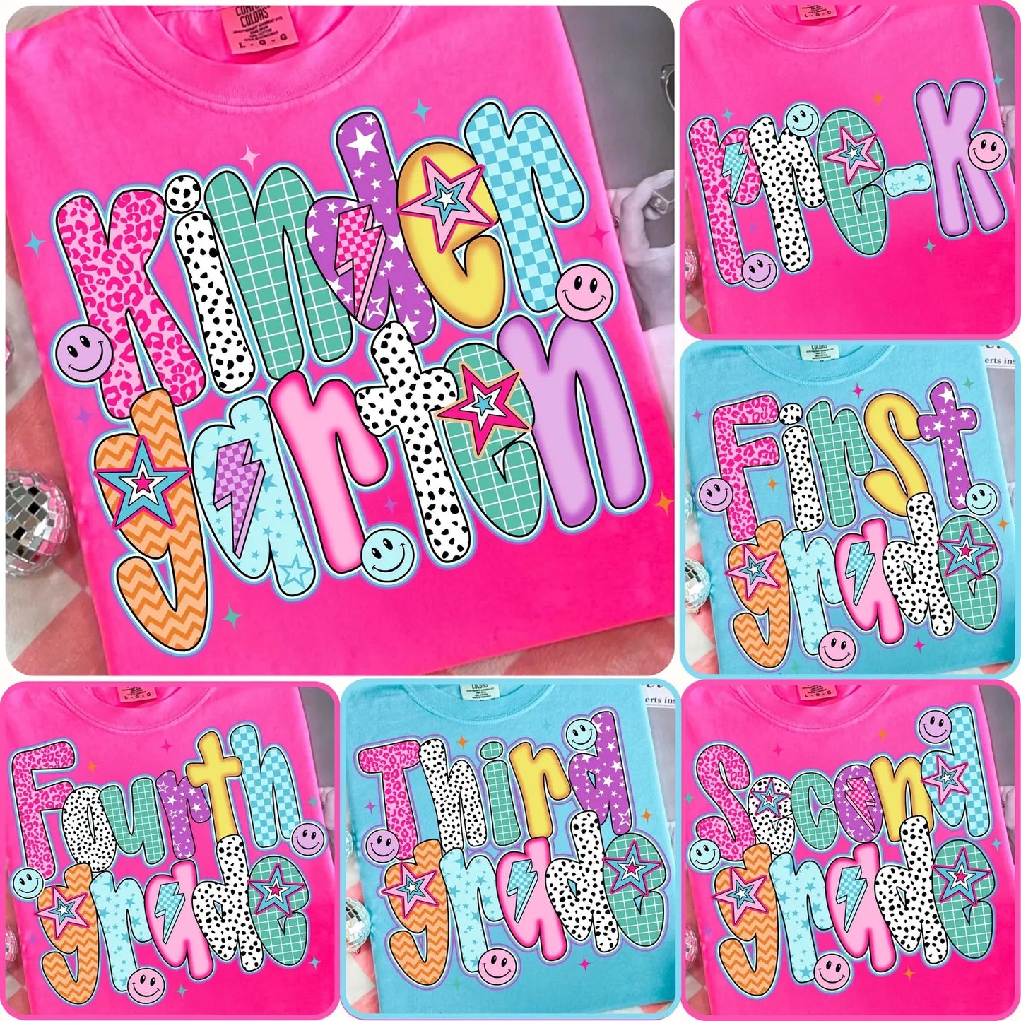 Kirstien Slater — Third Grade doodle: Small Youth, neon pink, style 9018 CC, crewneck tee