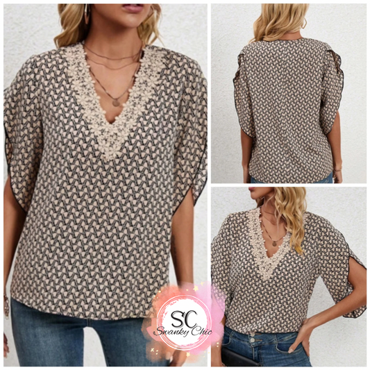 Tammy West Sears-Pegg — XL, black boho blouse with floral lace detailing