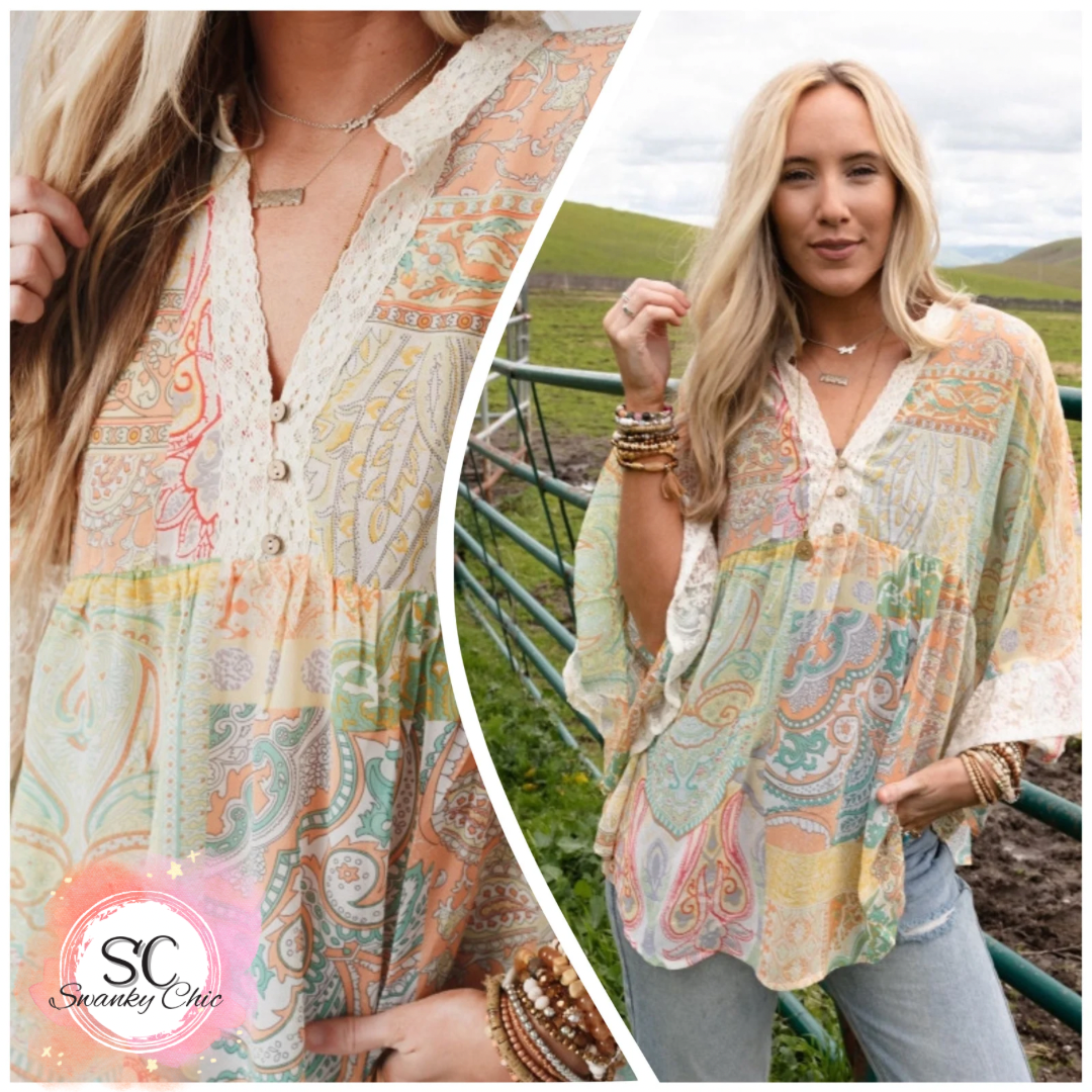 Sasha Conner — XL, paisley & lace top with bell sleeves