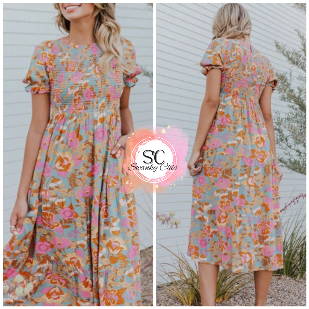 Allyson Michele — XL, blue floral dress with smocked bodice