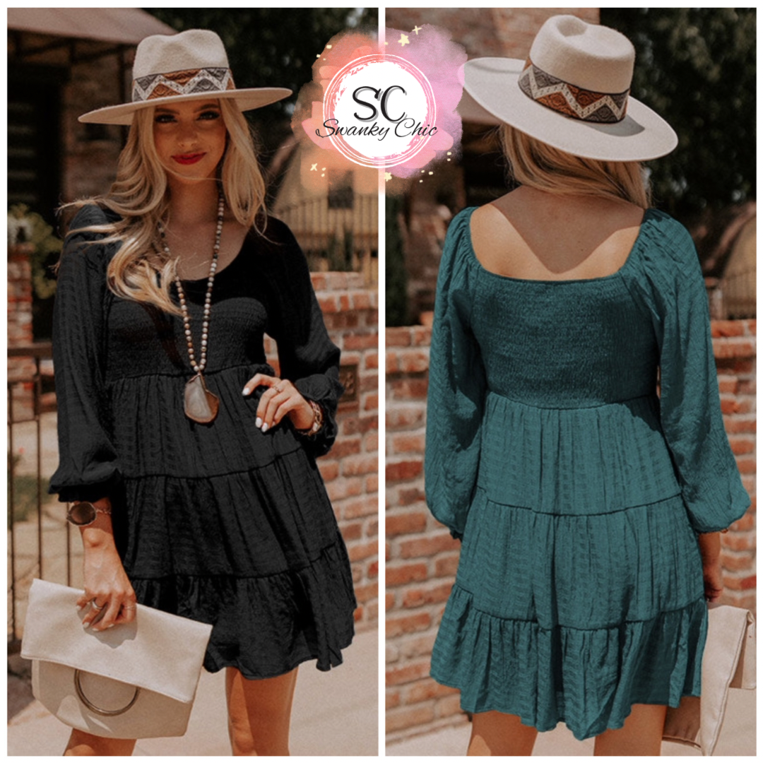 Alyssa Snyder — Medium, black high waisted mini dress with balloon sleeves