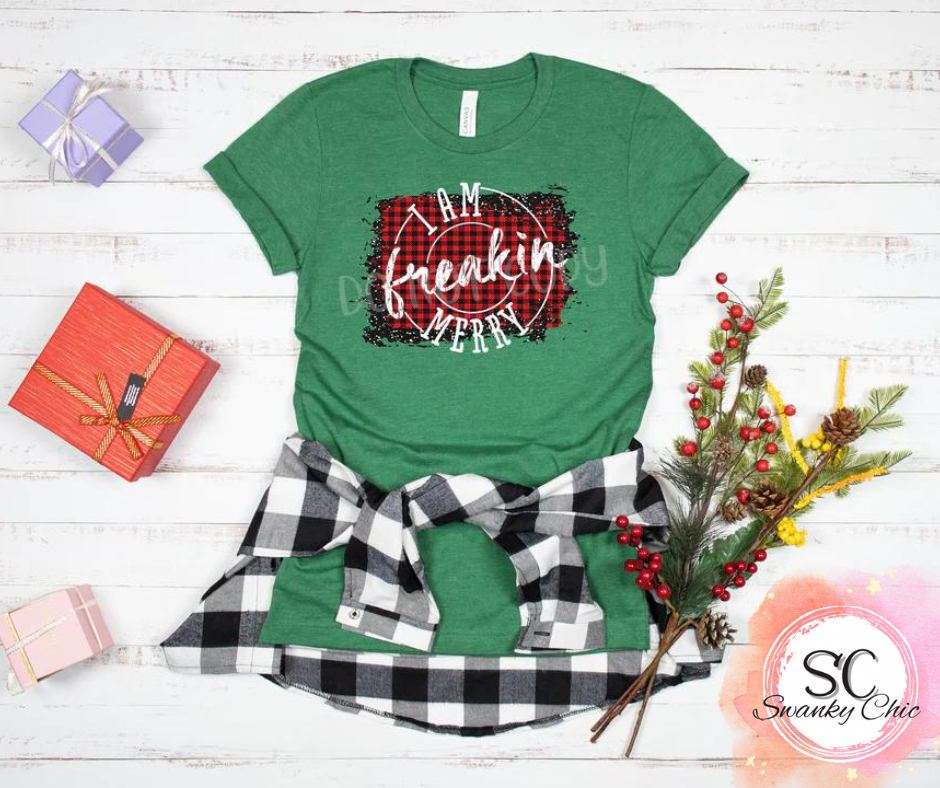 Kim Updegraff — I am freaking merry: 3X, Heather grass green, crewneck tee