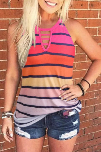 Diana Marshall — Medium, striped sleeveless top with keyhole neckline