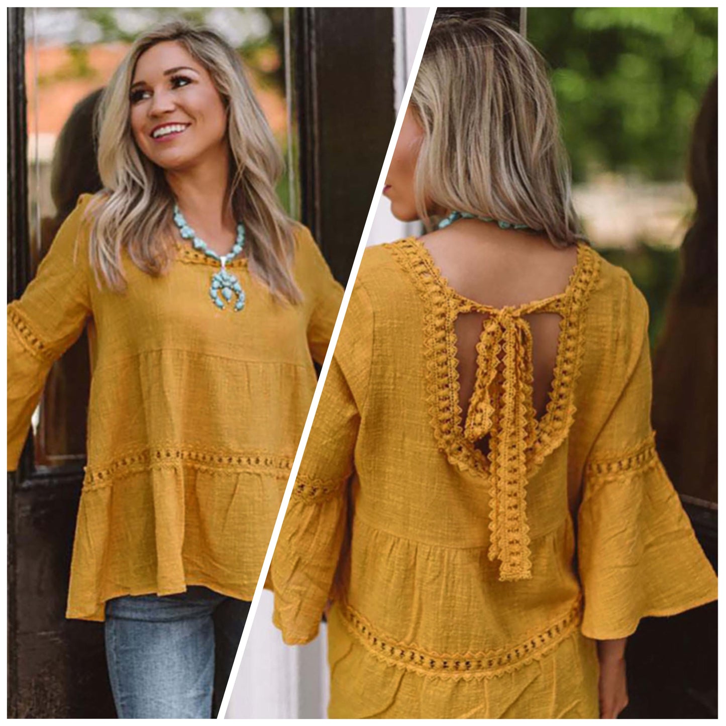 Angi Symons — Large, Mango, 3/4 bell sleeve with tie back