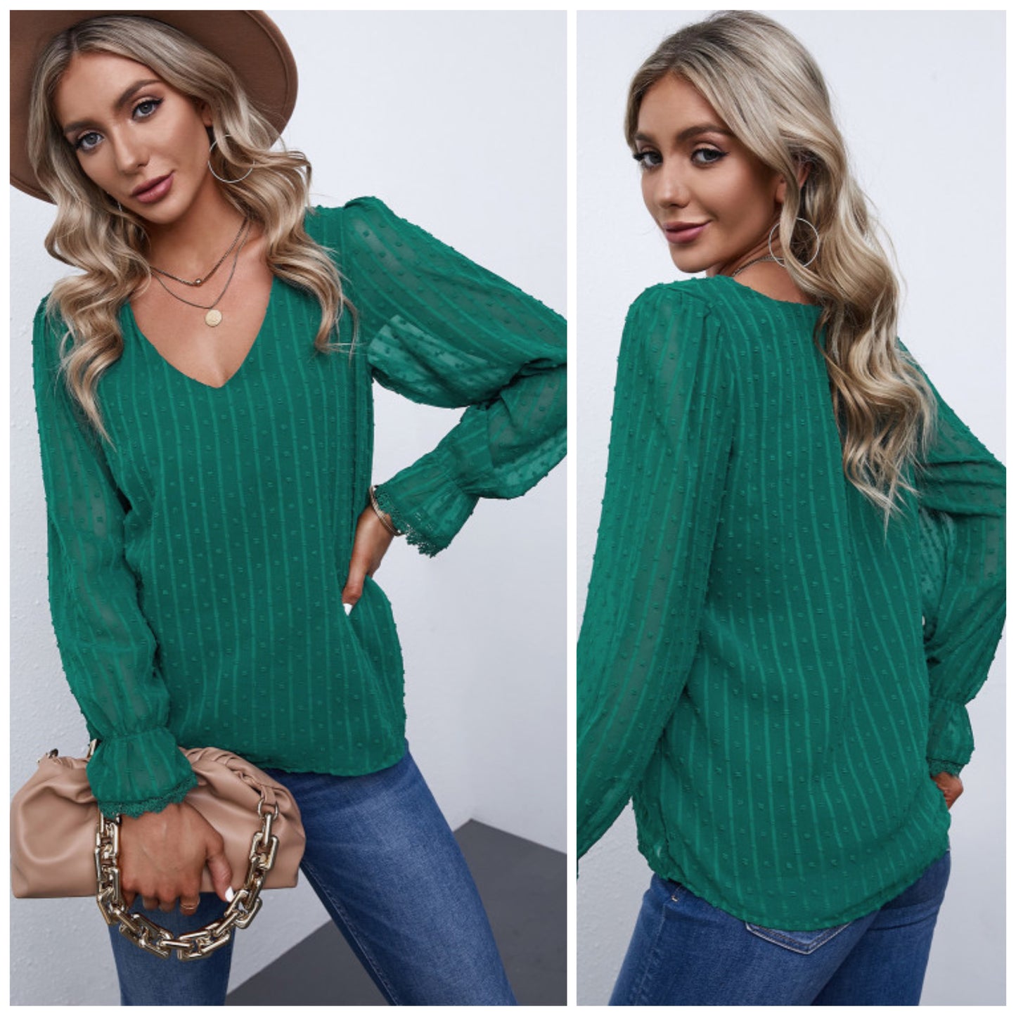 Shanna Byrd Wandersee — Small, green v-neck, Swiss dot blouse