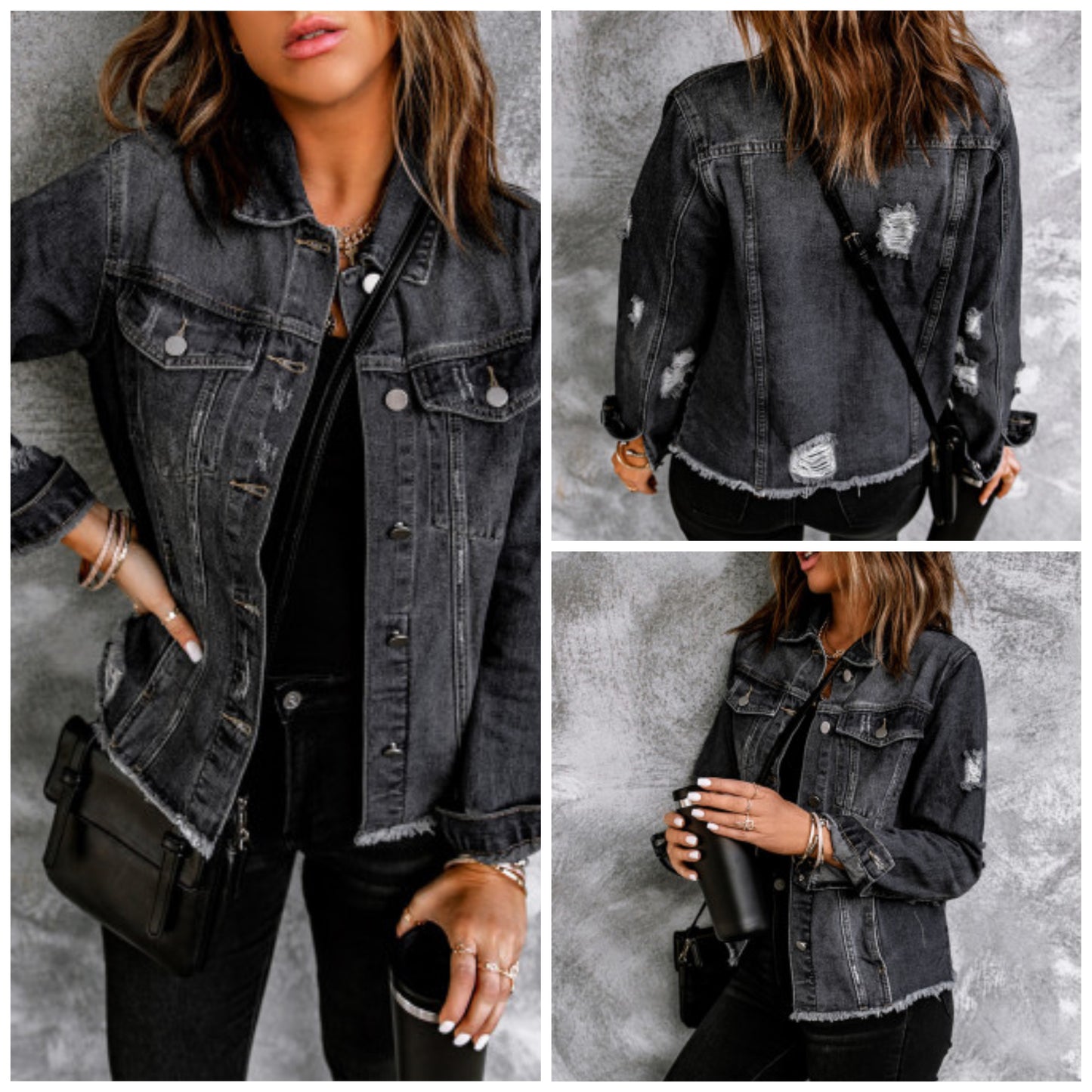 Amy Hollingsworth — 2X, black wash denim jacket with distressing