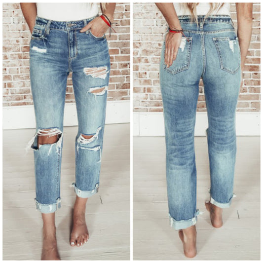 Ashley Green — 12/14 Large, high-waisted, straight leg, cuffed denim jeans