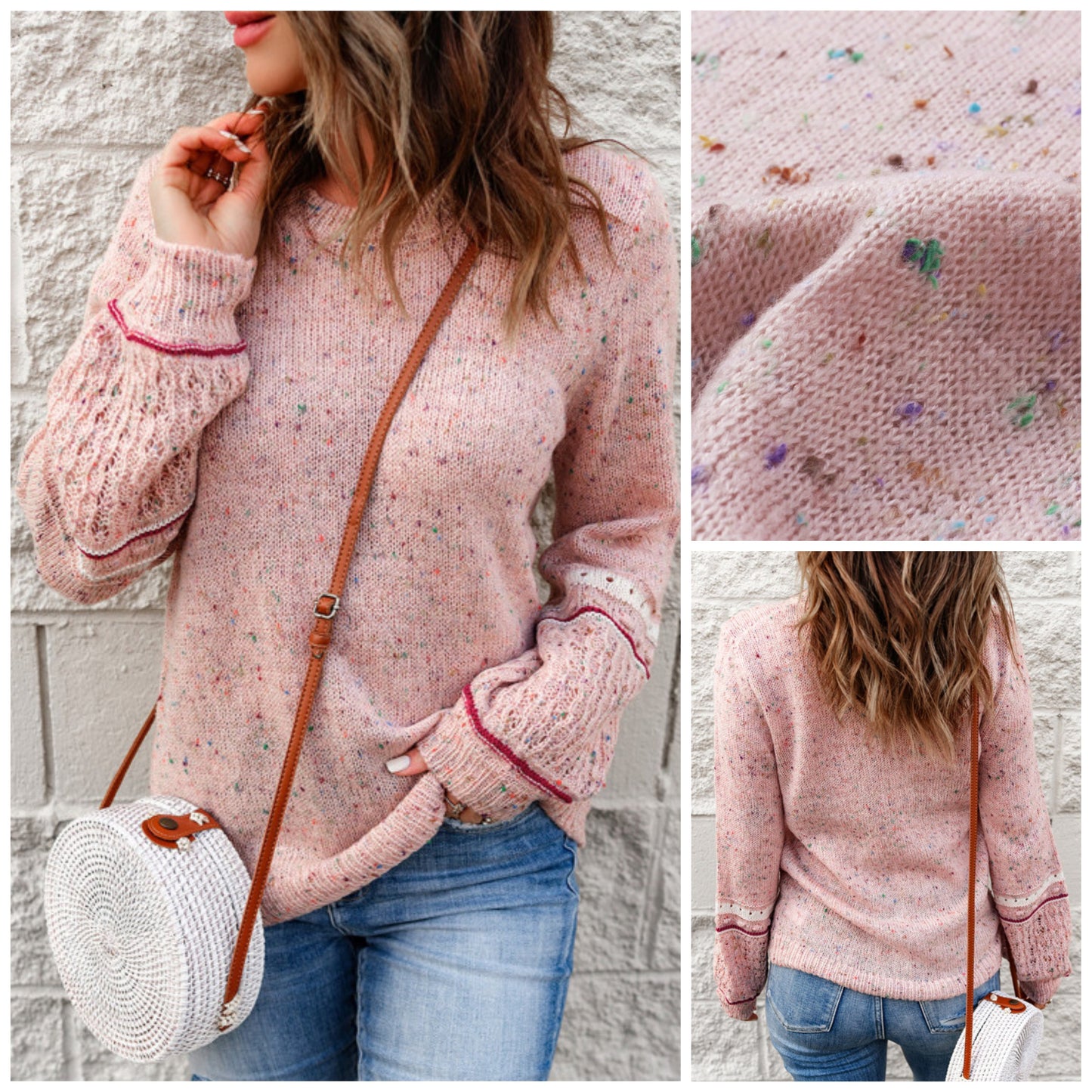 Amber Brown — Large, confetti sweater with bishop sleeves