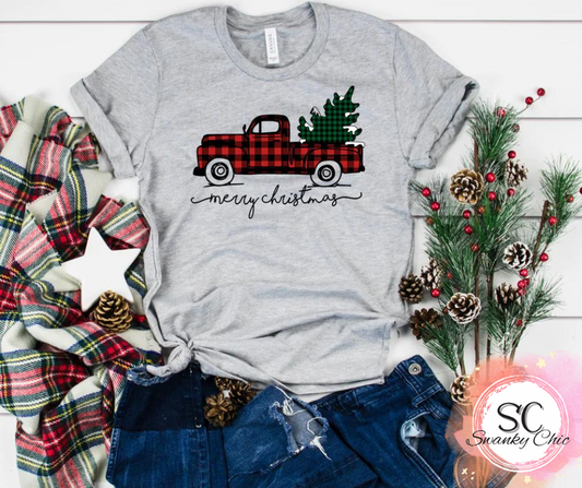 Pam Stokes Hunter — plaid red Christmas truck: 2X, athletic Heather, v-neck tee