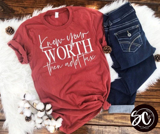 Angi Symons — Know your worth then add tax: Large, v-neck tee