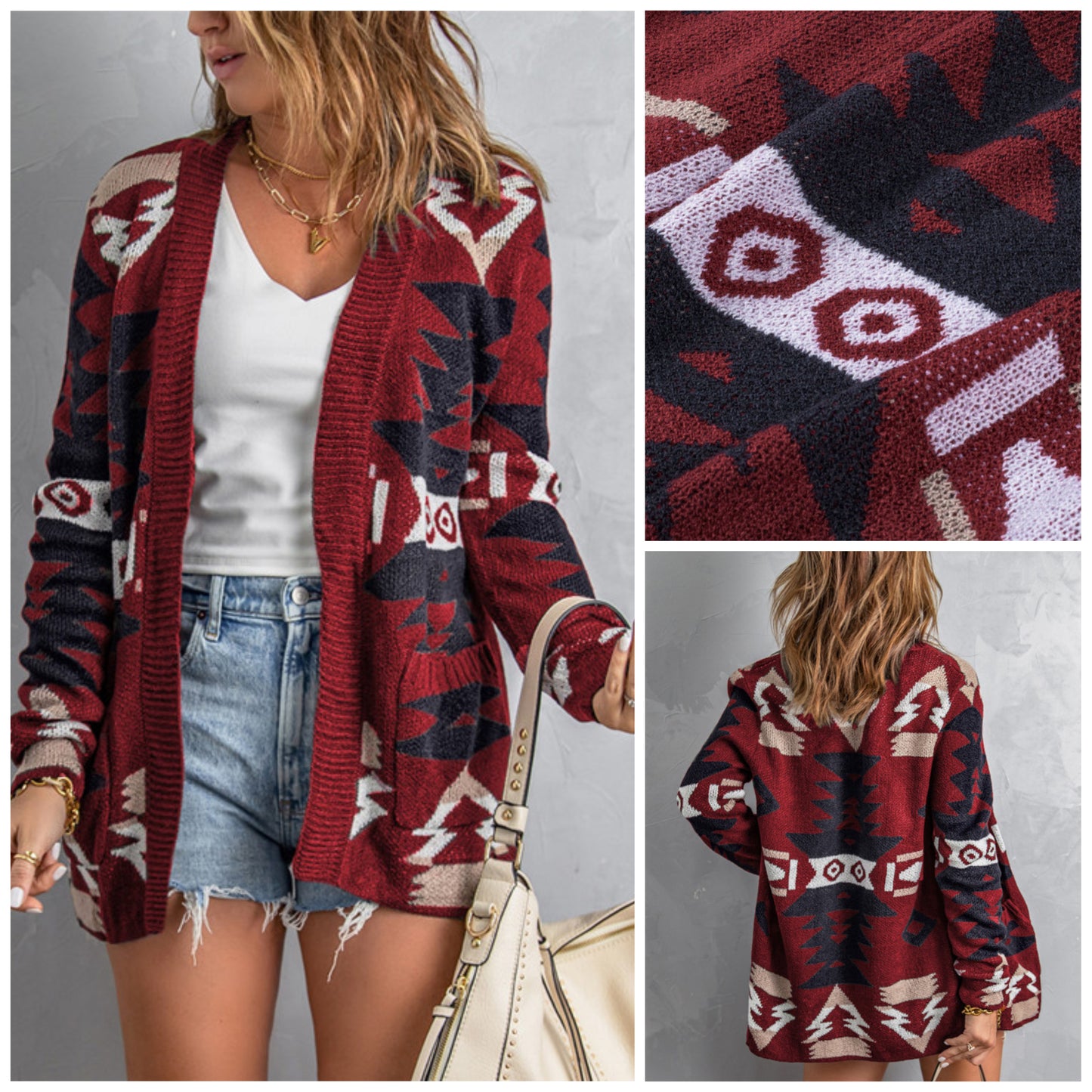 Alyssa Snyder — Small, red Aztec cardigan with pockets