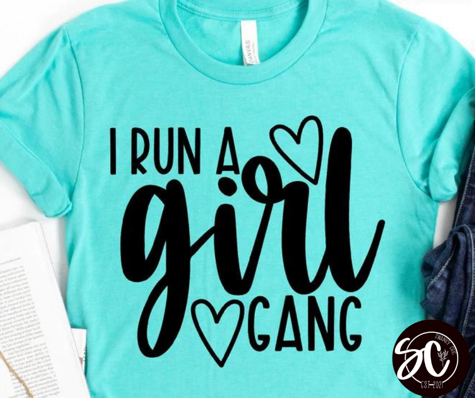 April Smith — I run a girl gang: Medium, bondi blue, v-neck tee