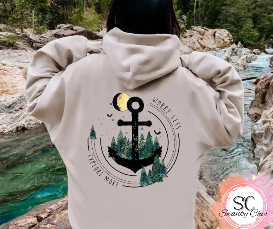 Rachel Metzger — Worry less explore more: Medium, zip up hoodie
