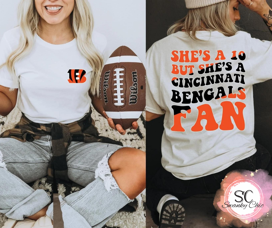 Hayley Jo Loos — She’s a 10/ Cincinnati Bengals: Small, white, long sleeve tee