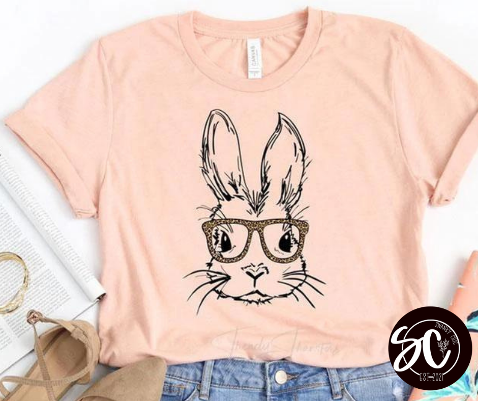 Angela Hankins — Bunny w/ leopard frames: Small, pink, crewneck tee
