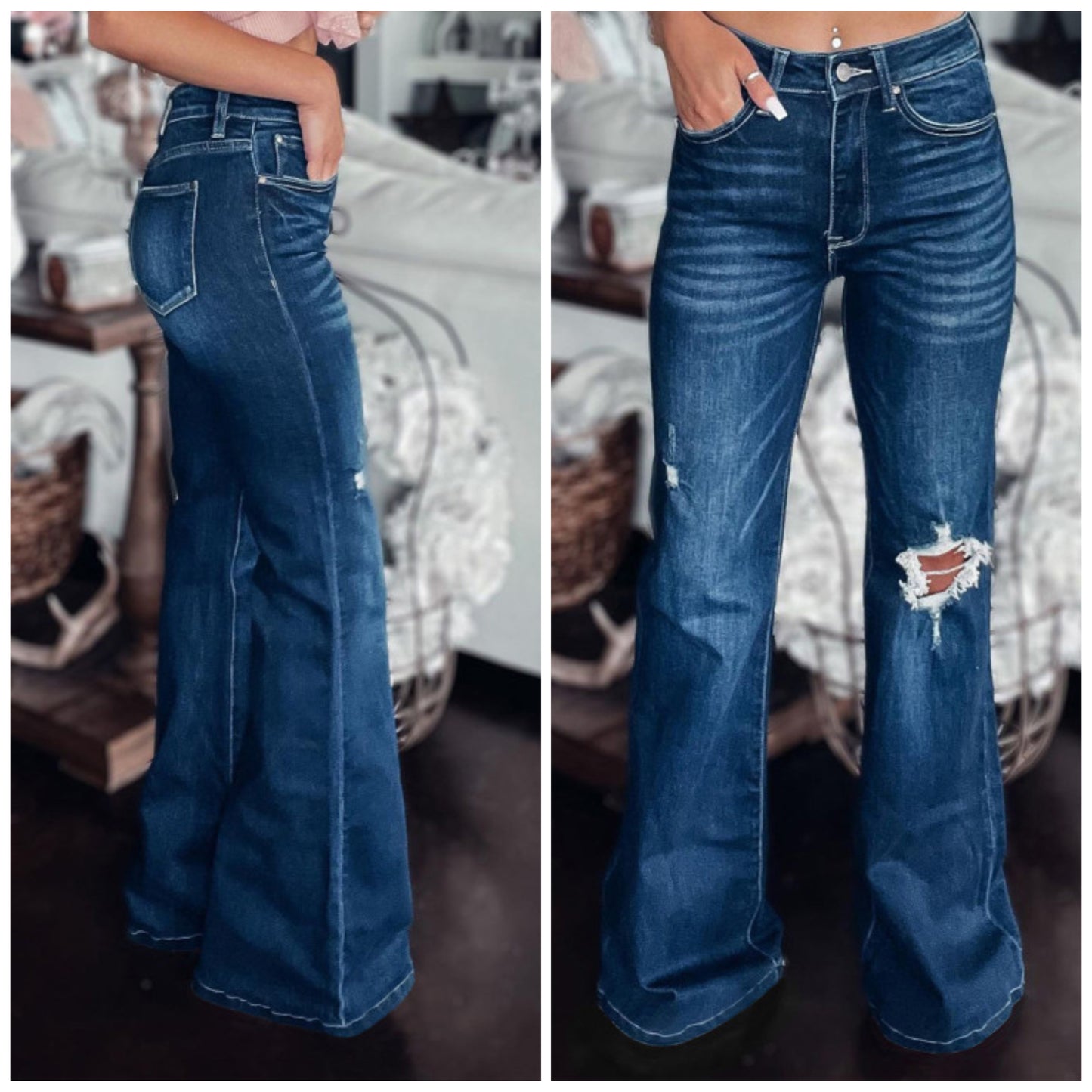 Lora Littrell — size 8, dark wash, lightly distressed flares