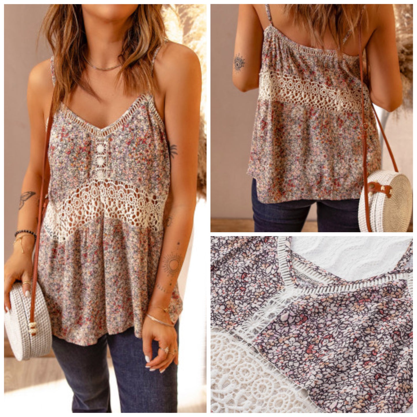 April Wheatley Boctor — Large, boho floral, cami with crochet