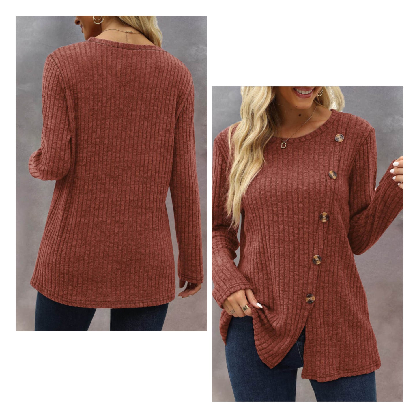 Angi Symons — XL, ribbed knit top with button detailing