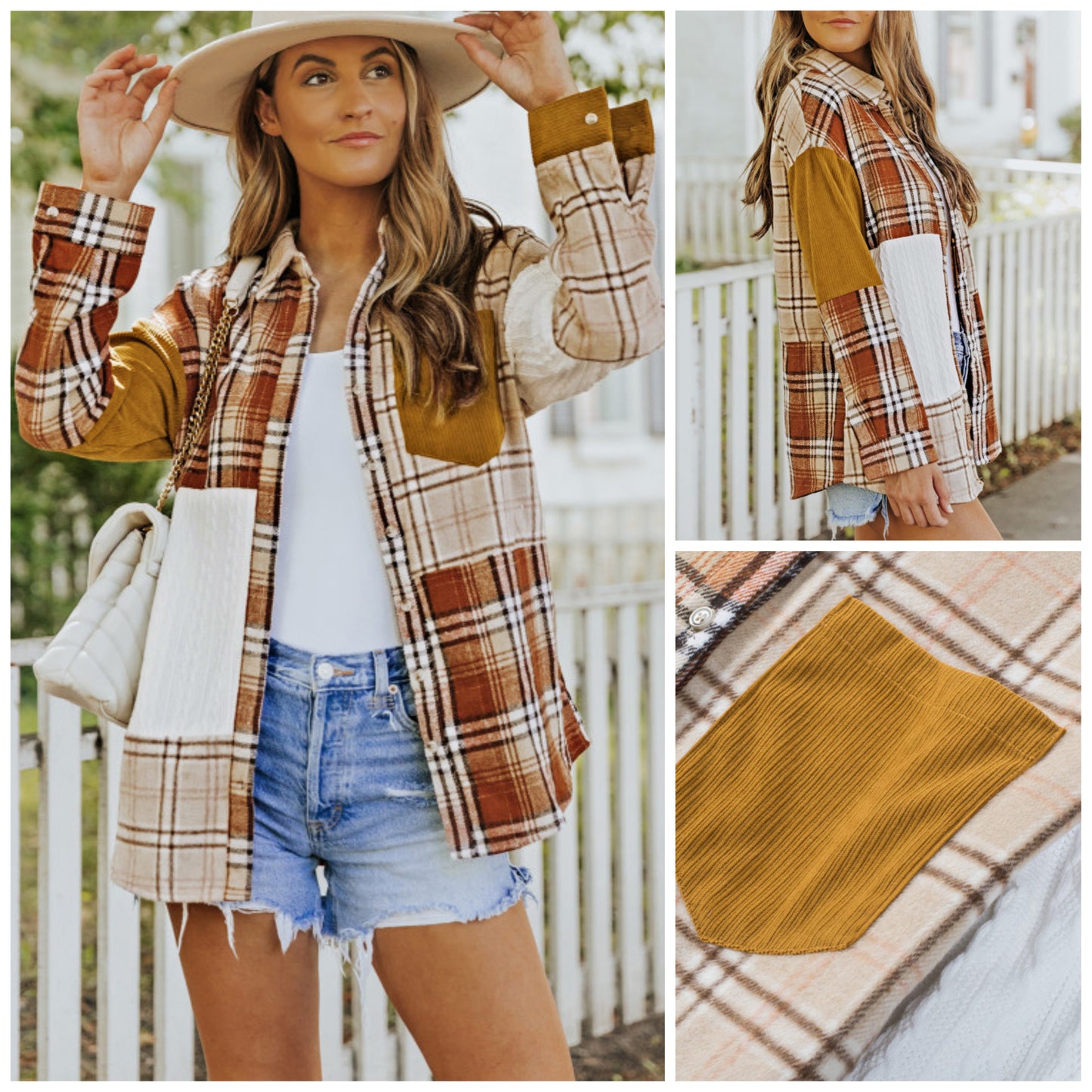 Amber Brown — Large, patchwork textured shacket