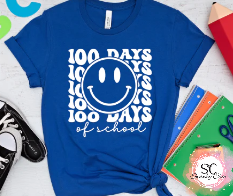 Kelsey Shepherd — 100 days of school Smiley stacked: 5/6, purple, crewneck tee
