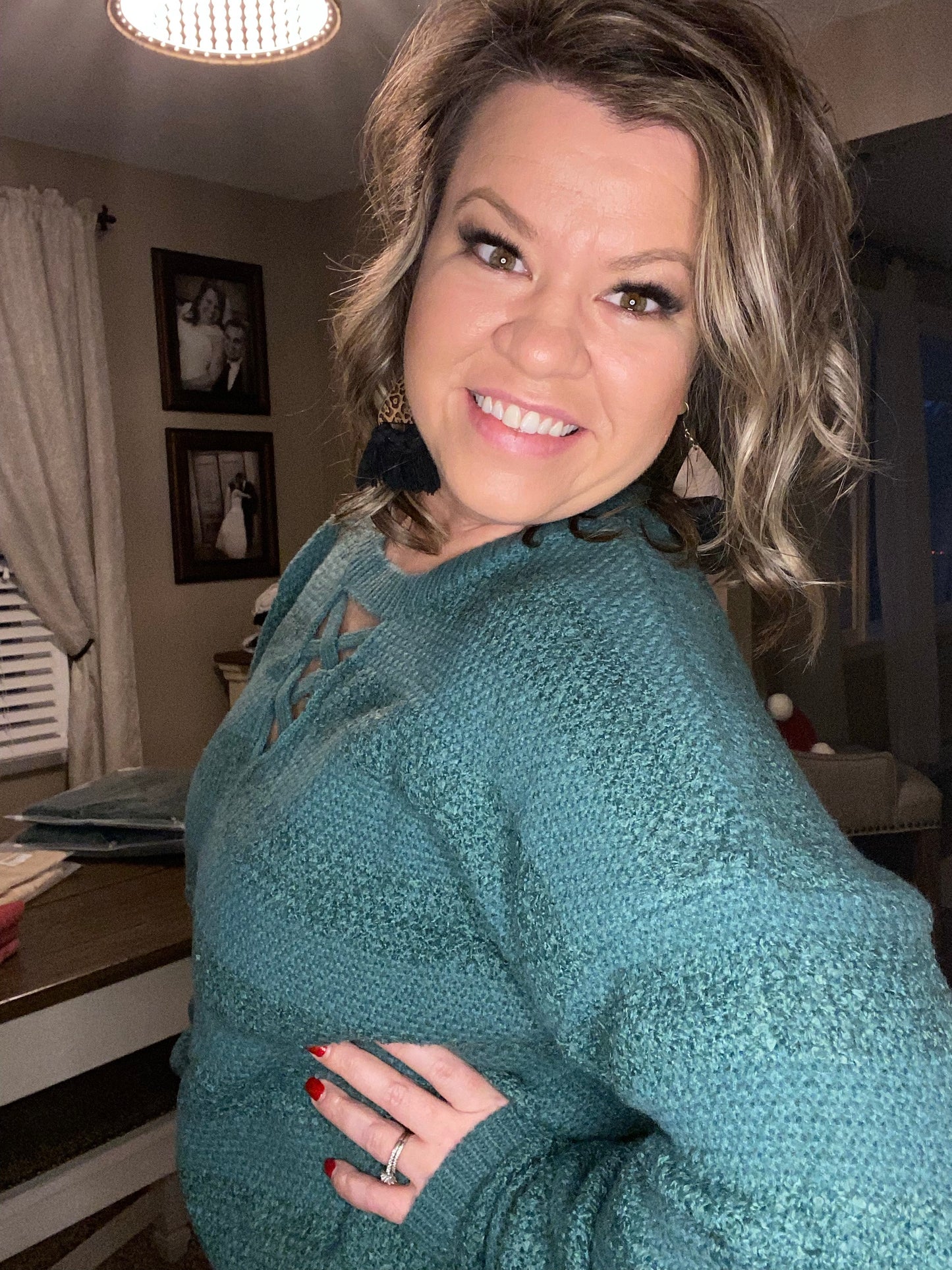 Jenni Hamric — XL, emerald cross chested sweater