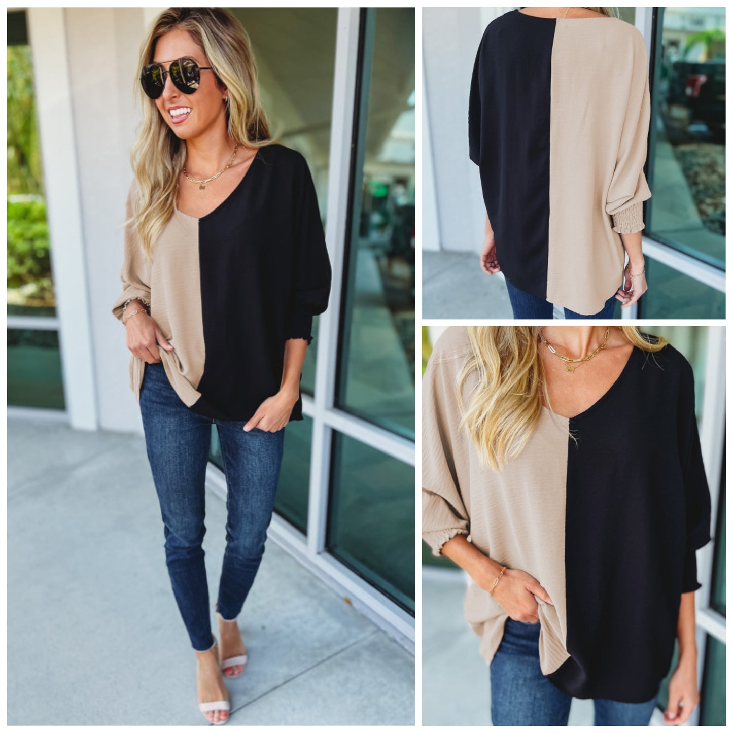 Sarah Cotter — XL, black and tan colorblock blouse