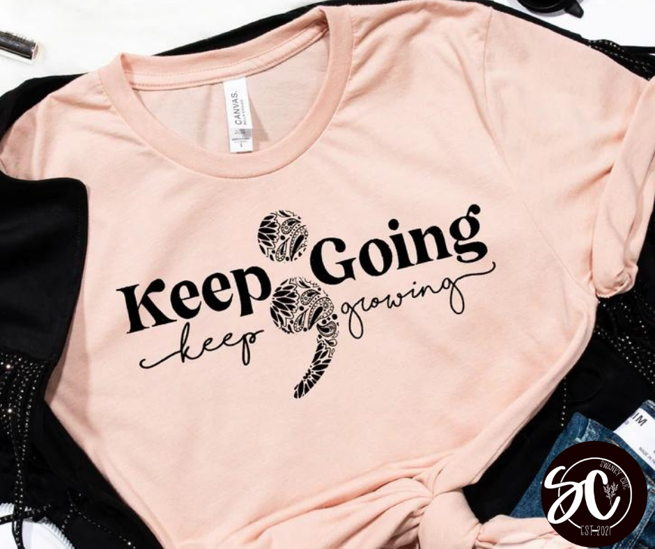 Lori Ann — Keep going Keep growing; Small, peach, v-neck tee